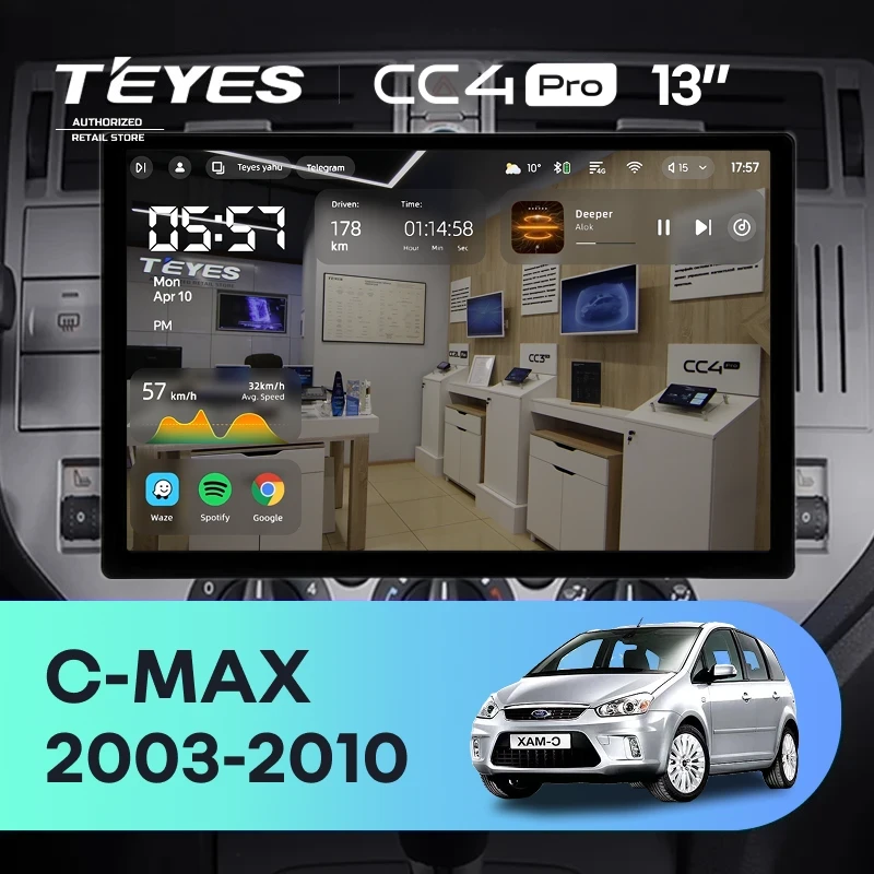 Штатная магнитола Teyes CC4 Pro 8/128 Ford C-MAX (2003-2010) (0din) (13")