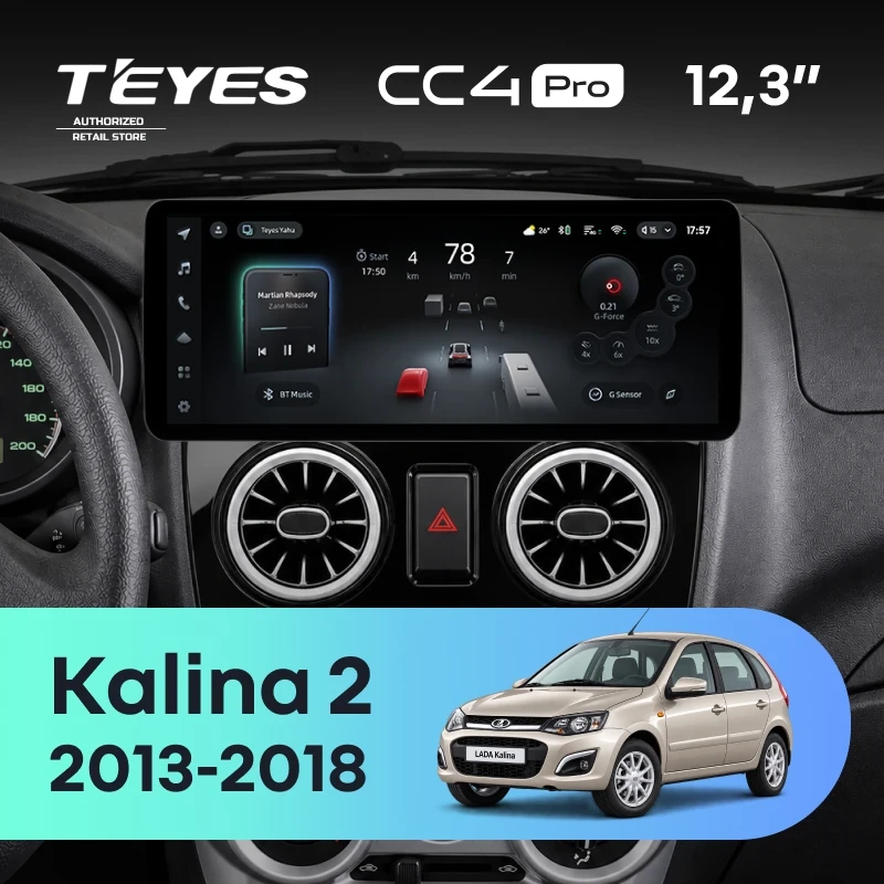 Штатная магнитола Teyes CC4 Pro 12.3" 12/256 Lada Kalina 2 (2013-2018) дефлекторы в стиле AMG (RGB)